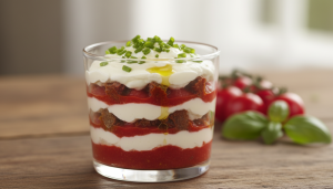 découvrez notre tiramisu salé à la tomate et au fromage frais, une verrine gourmande et innovante qui surprendra vos papilles avec ses saveurs fraîches et originales.