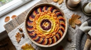 découvrez un gratin irrésistible où pommes de terre, patates douces et betteraves se marient harmonieusement pour une explosion de saveurs fondantes en bouche.