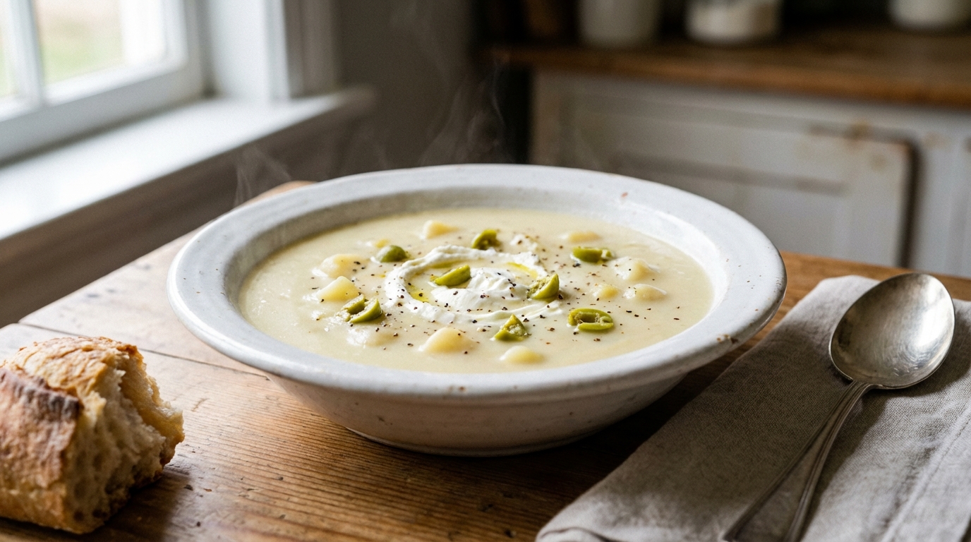 découvrez un velouté onctueux de pommes de terre rehaussé par des éclats d'olives vertes et la douceur subtile du fromage frais, pour une recette savoureuse et réconfortante.
