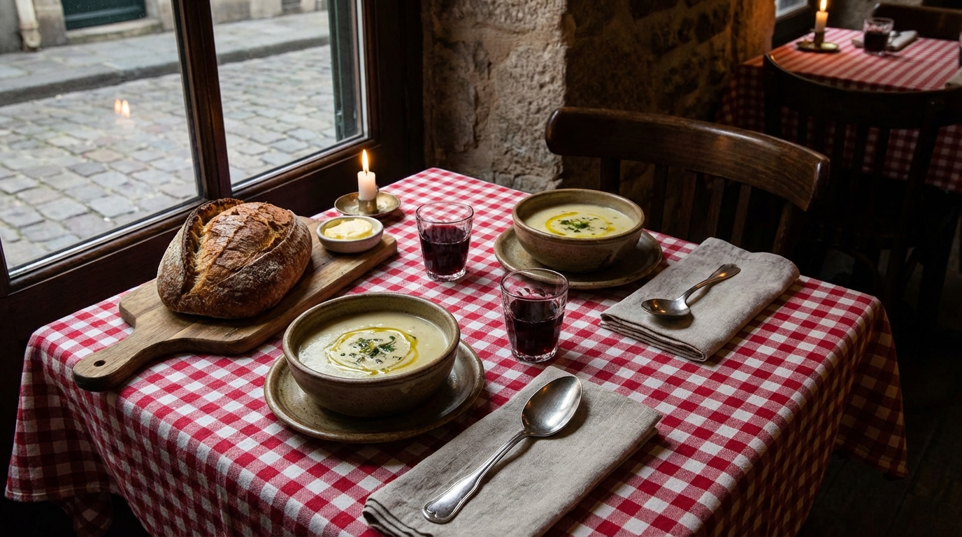 découvrez notre velouté de pommes de terre onctueux, relevé par des éclats d'olives vertes et la douceur fondante du fromage frais, pour une entrée savoureuse et réconfortante.