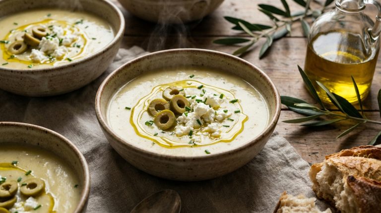 découvrez un velouté onctueux de pommes de terre rehaussé par les éclats croquants d'olives vertes et la douceur fondante du fromage frais, une recette gourmande et raffinée.