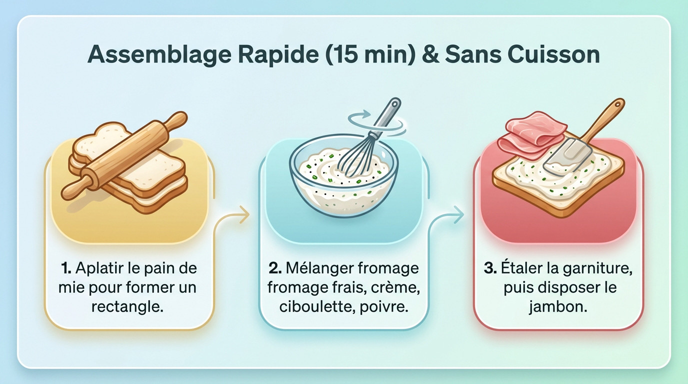 Plan de travail avec ingrédients prêts pour l'assemblage des roulés jambon fromage frais