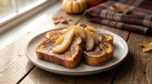 Pain perdu brioché avec poires caramélisées, un dessert réconfortant