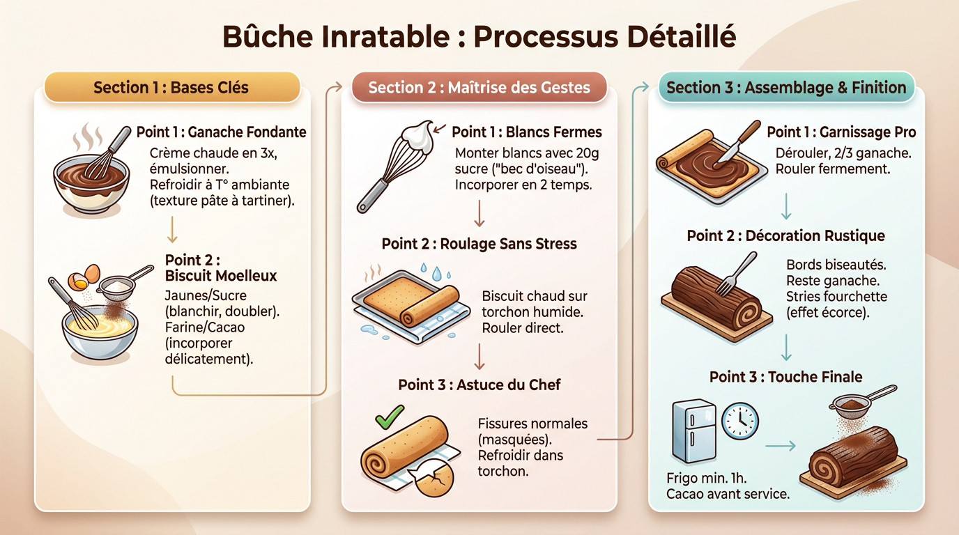 Étapes de préparation d'une bûche de Noël au chocolat : ganache, biscuit roulé et décoration à la fourchette