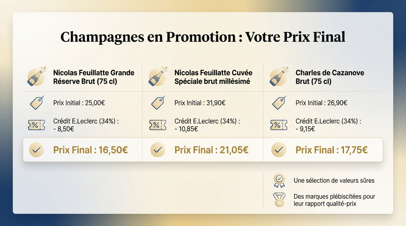 Tableau comparatif des prix du champagne après remise E.Leclerc