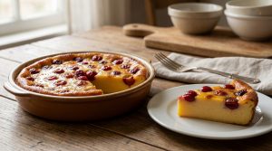 Clafouflan dessert with fruits, showcasing its creamy texture and hybrid nature between flan and clafoutis