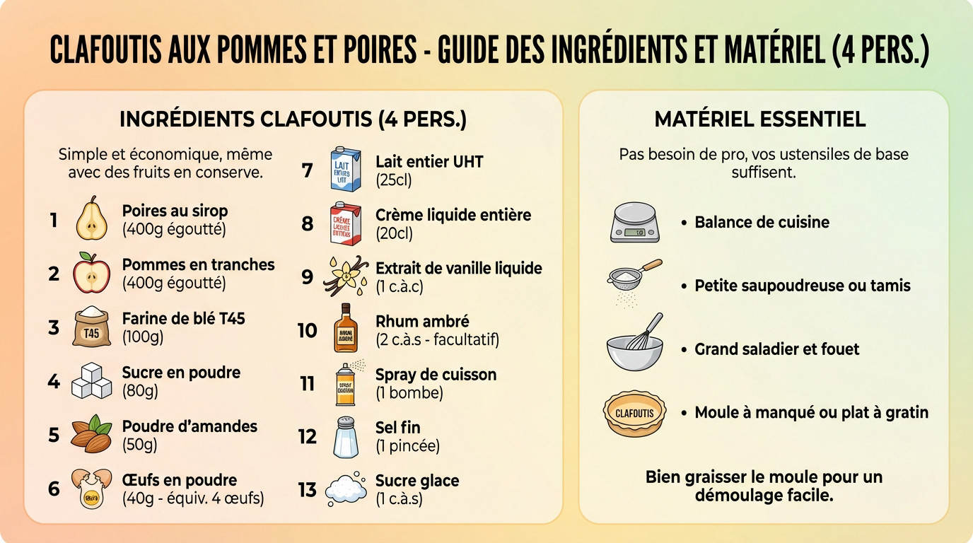 Ingrédients préparés pour le clafoutis pommes poires : fruits au sirop, farine, œufs et crème