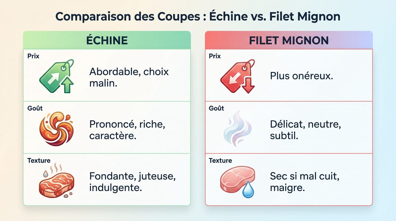 Comparaison visuelle entre une échine de porc persillée et un filet mignon maigre