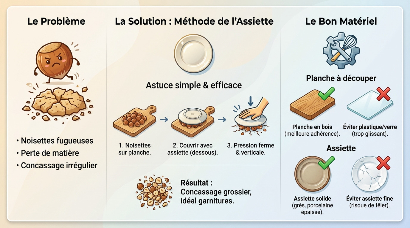 Technique de l'assiette pour concasser des noisettes sur une planche en bois