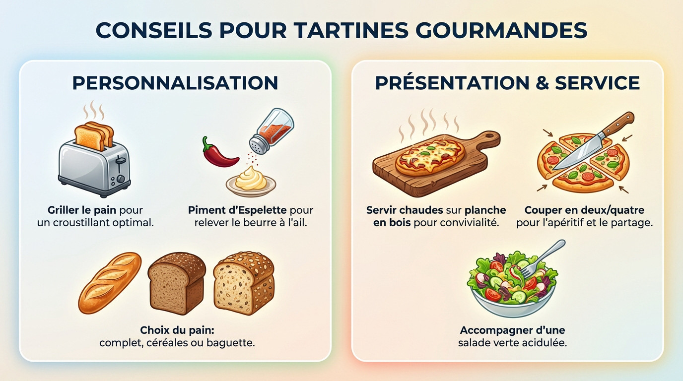 Tartines gratinées au fromage croustillantes servies sur une planche en bois