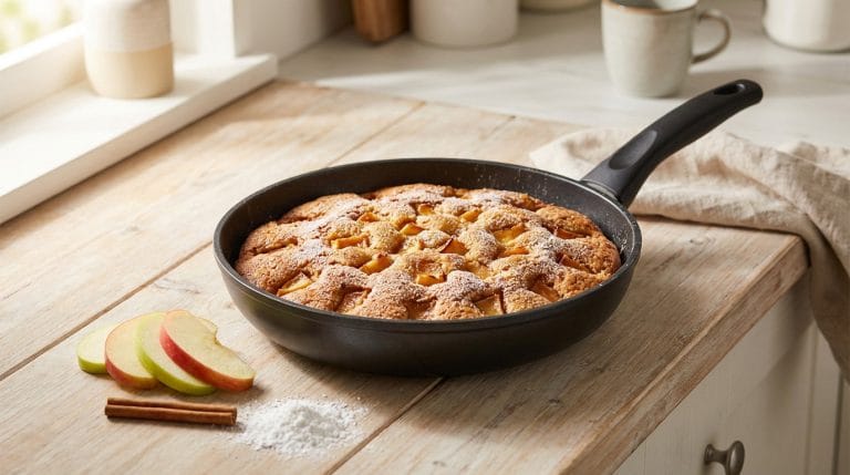 Gâteau aux pommes cuit à la poêle, dessert moelleux et rapide sans four