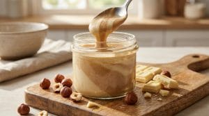 Pâte à tartiner noisette chocolat blanc maison façon Bueno dans un pot en verre
