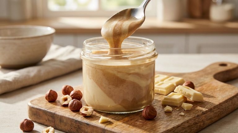 Pâte à tartiner noisette chocolat blanc maison façon Bueno dans un pot en verre