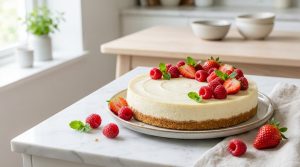 Cheesecake skyr léger avec coulis de fruits rouges, dessert allégé et riche en protéines