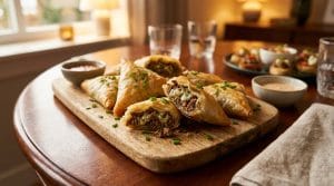 Recette de samoussas au bœuf et fromage bleu, croustillants et dorés, parfaits pour un apéritif original