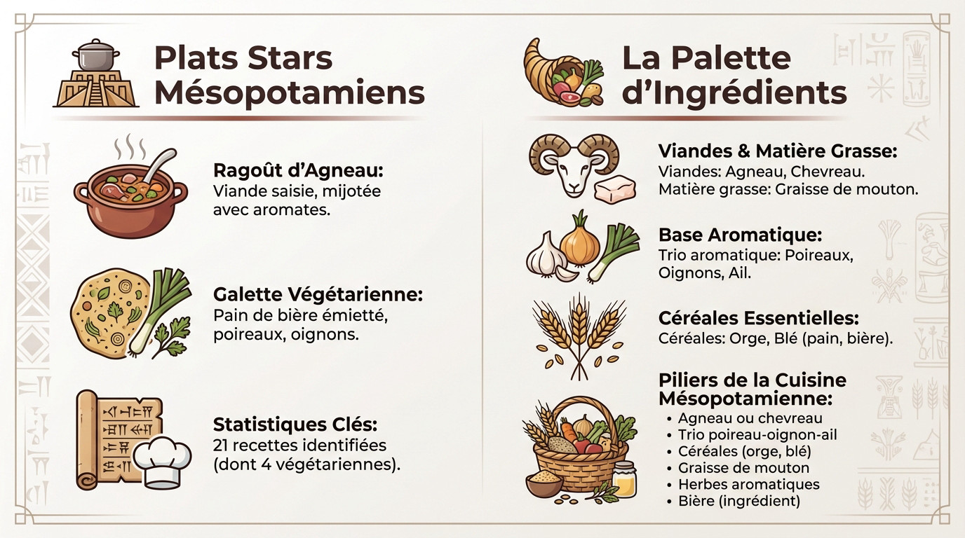 Ingrédients et plats de la cuisine babylonienne antique avec agneau et légumes