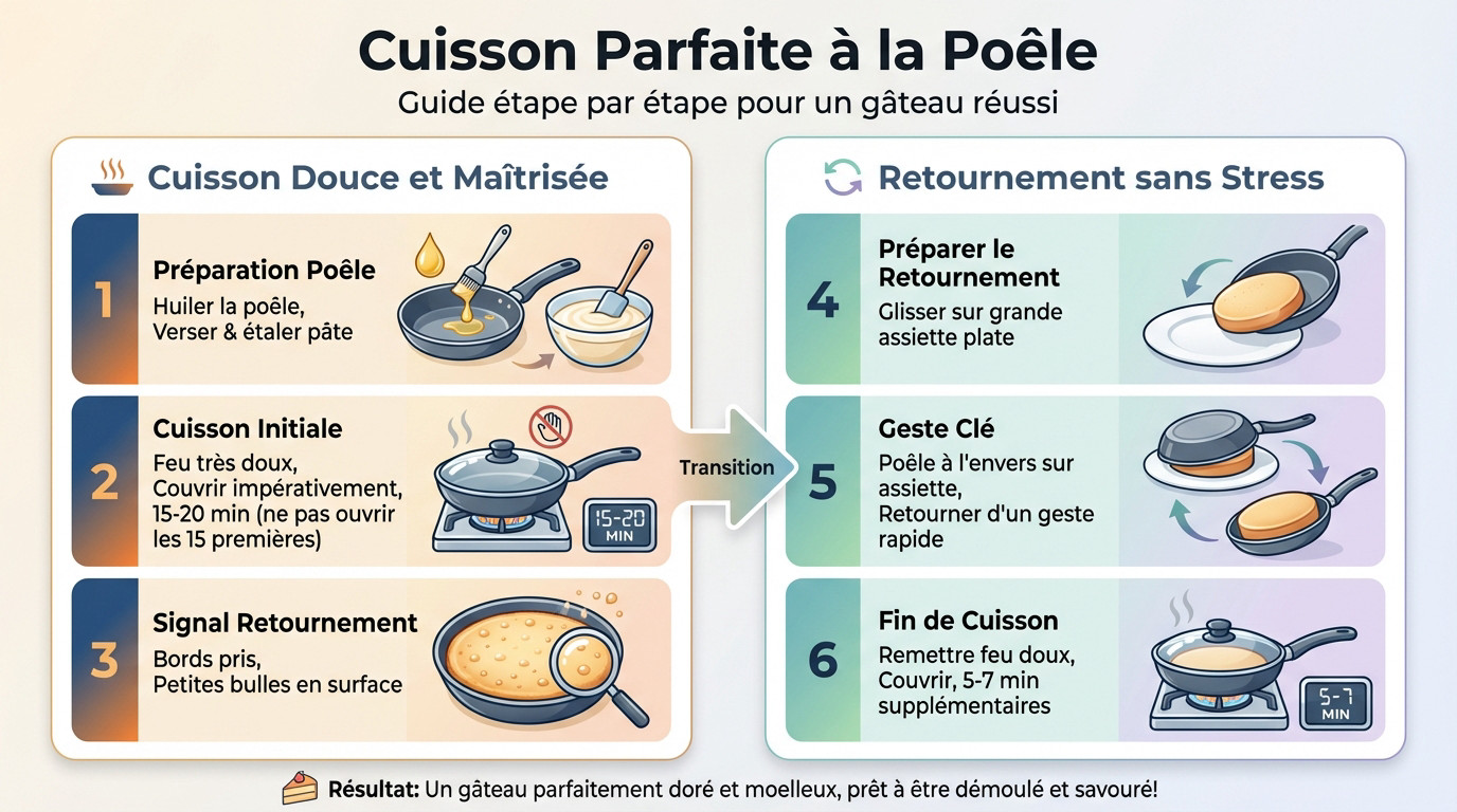 Gâteau aux pommes en cours de cuisson à la poêle avec couvercle