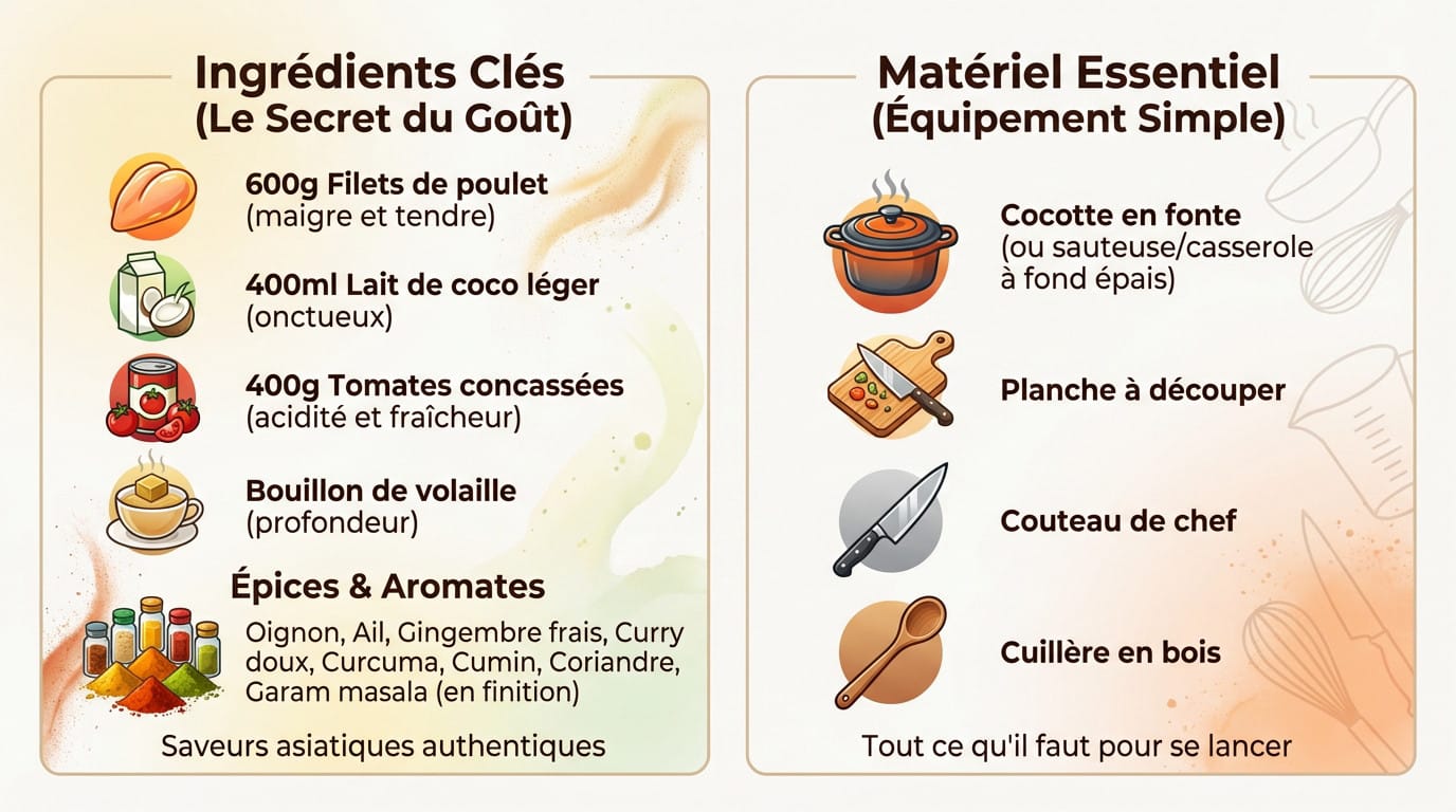 Ingrédients frais et épices pour un curry de poulet léger : filets de poulet, lait de coco, tomates et mélange d'épices asiatiques