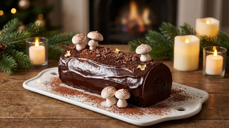 Bûche au chocolat décorée avec des éclats de chocolat et des framboises, dessert de fête facile à réaliser