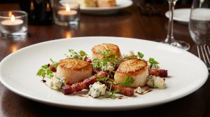 Coquilles Saint-Jacques au lard et bleu servies dans des coquilles vides, garnies de sauce crémeuse