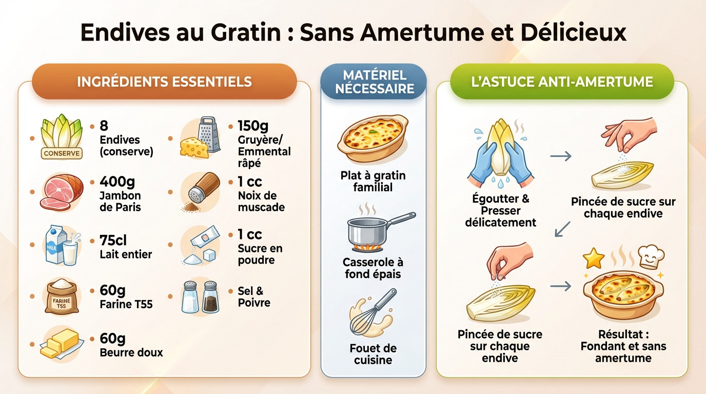 Plat de gratin d'endives au jambon doré et fondant sans amertume
