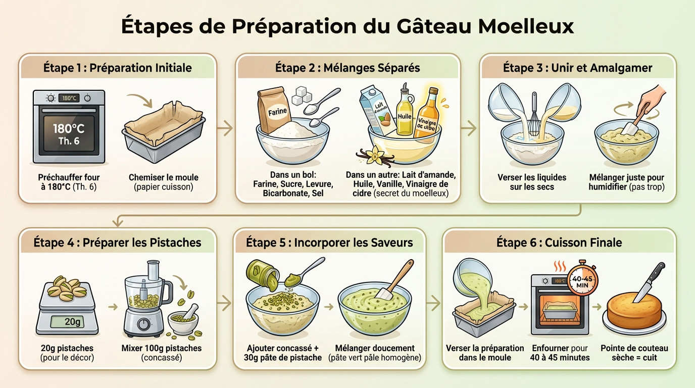 Préparation de la pâte à gâteau pistache avec incorporation des ingrédients liquides aux secs