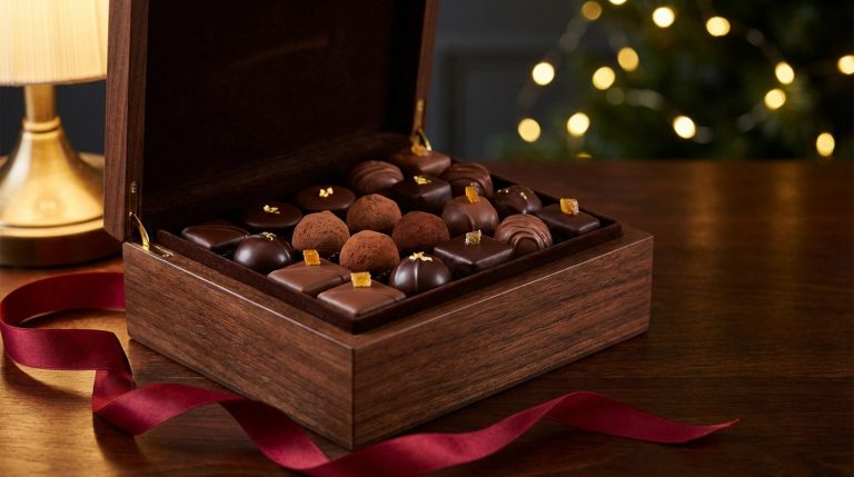 Chocolat artisanal français pour Noël, mettant en valeur le savoir-faire des chocolatiers