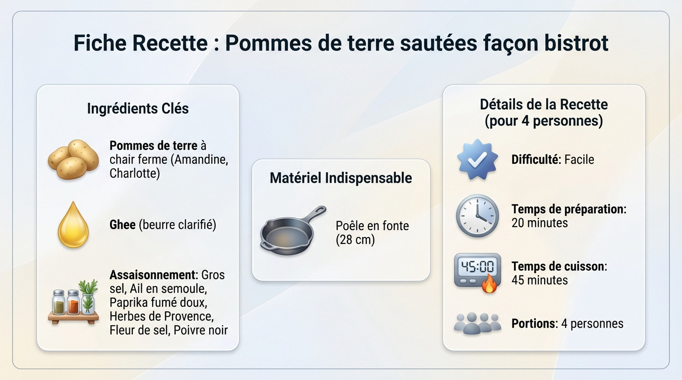 Ingrédients préparés pour pommes de terre sautées façon bistrot avec poêle en fonte