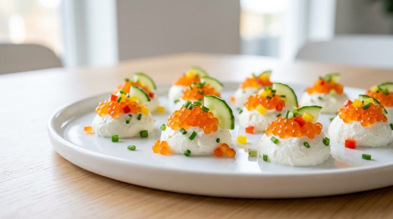 Bouchées apéritives au fromage frais et œufs de lump sur blinis, présentation élégante