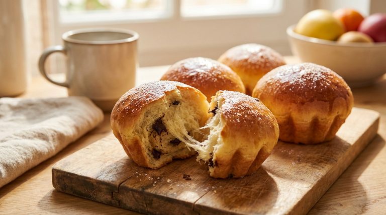 Brioches aux pépites de chocolat avec une mie filante et dorée, prêtes à déguster