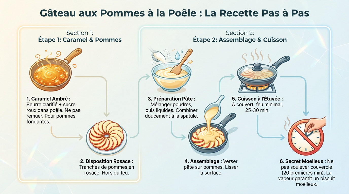Gâteau aux pommes caramélisé cuit à la poêle, texture moelleuse et fondante