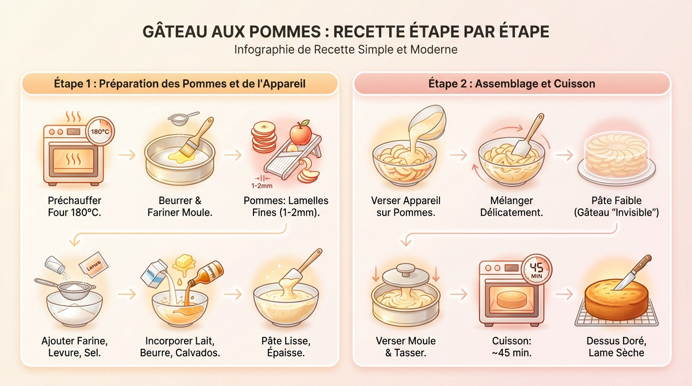 Préparation étape par étape du gâteau aux pommes invisible