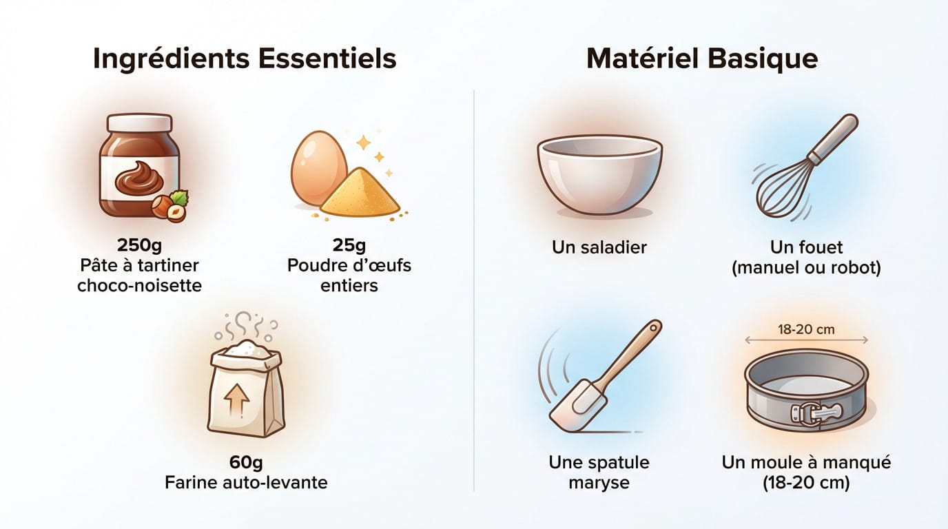 Ingrédients simples et matériel de base pour gâteau chocolat express