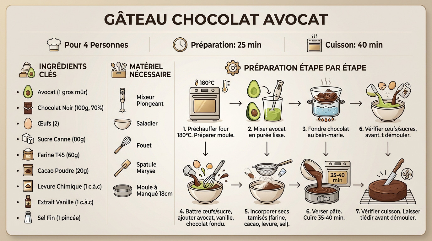 Ingrédients et texture fondante du gateau chocolat avocat sans beurre