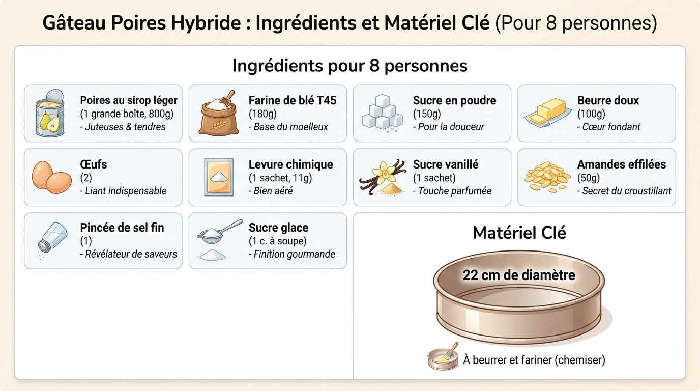 Ingrédients et matériel nécessaires pour le gâteau aux poires hybride