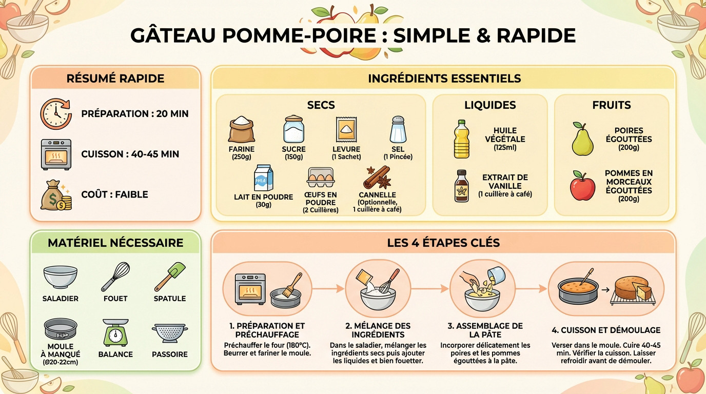 Gâteau pomme poire moelleux et doré réalisé avec des fruits en conserve