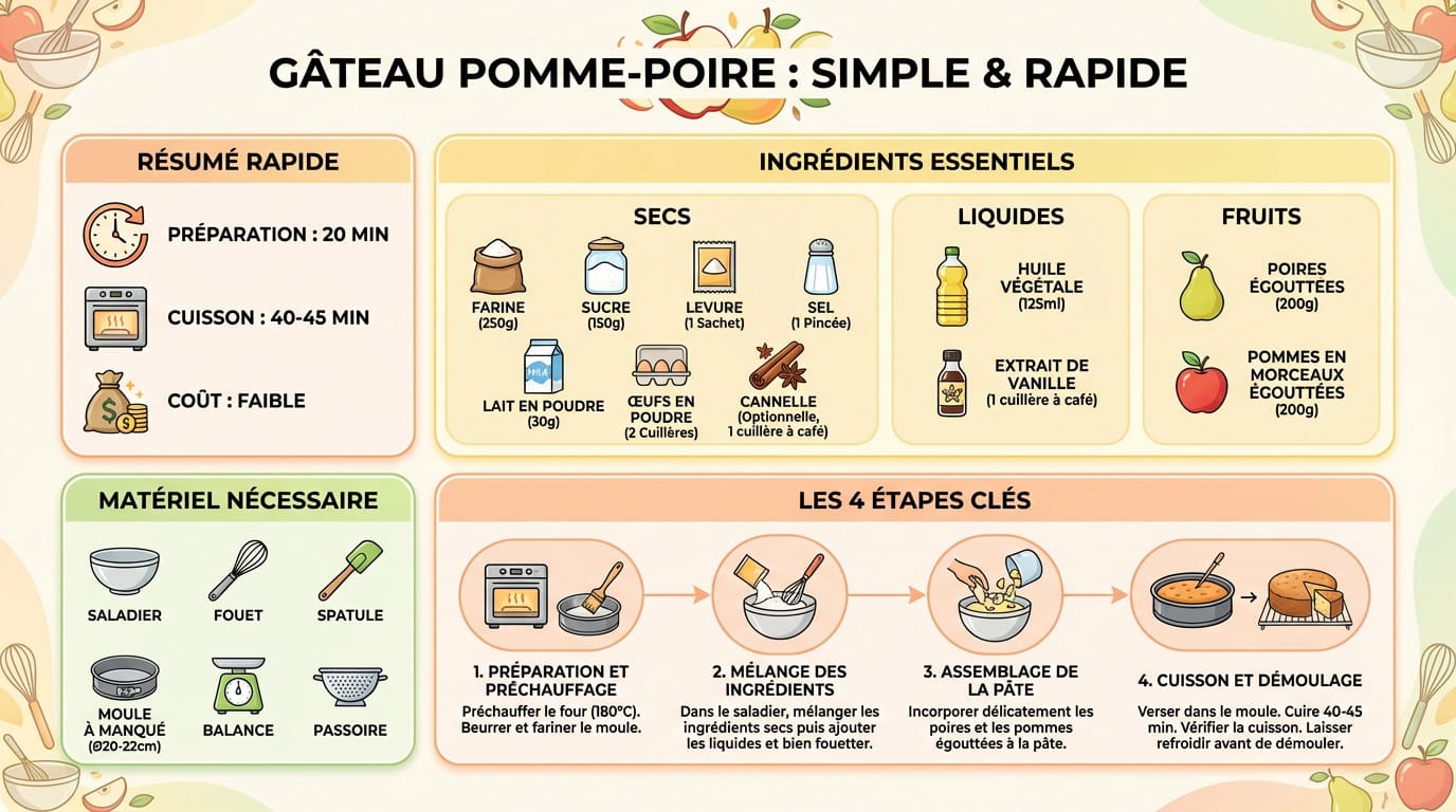 Gâteau pomme poire moelleux et doré réalisé avec des fruits en conserve