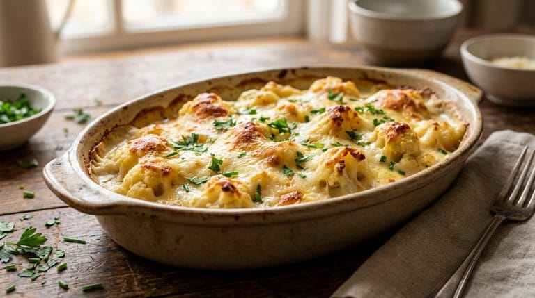 Gratin de chou-fleur doré avec une croûte croustillante et fleurettes de chou-fleur rôties