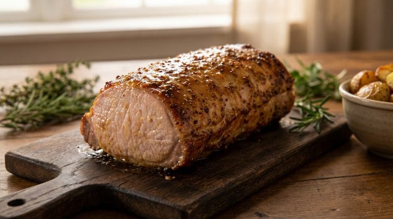 Rôti de porc moelleux à la moutarde, prêt à être servi, avec une croûte dorée et juteuse