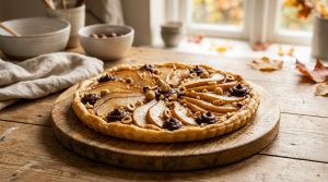 Tarte poire châtaigne noisette garnie de poires et noisettes, dessert d'automne