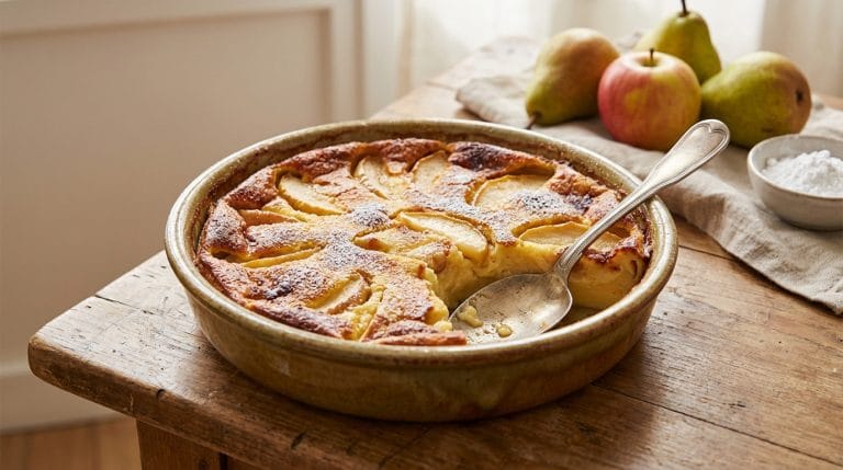 Clafoutis pommes poires fondant avec fruits en conserve, dessert facile et économique