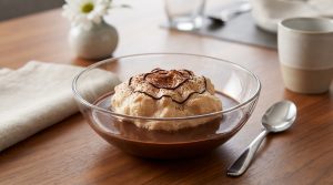 Île flottante chocolat avec crème anglaise et nuages de cacao aériens