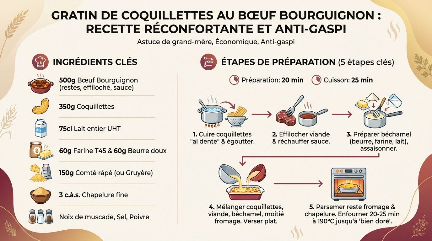 Plat de gratin de coquillettes au bœuf bourguignon doré sortant du four