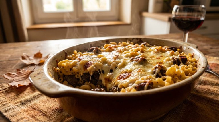 Gratin coquillettes bœuf bourguignon avec une croûte dorée, plat réconfortant et anti-gaspillage