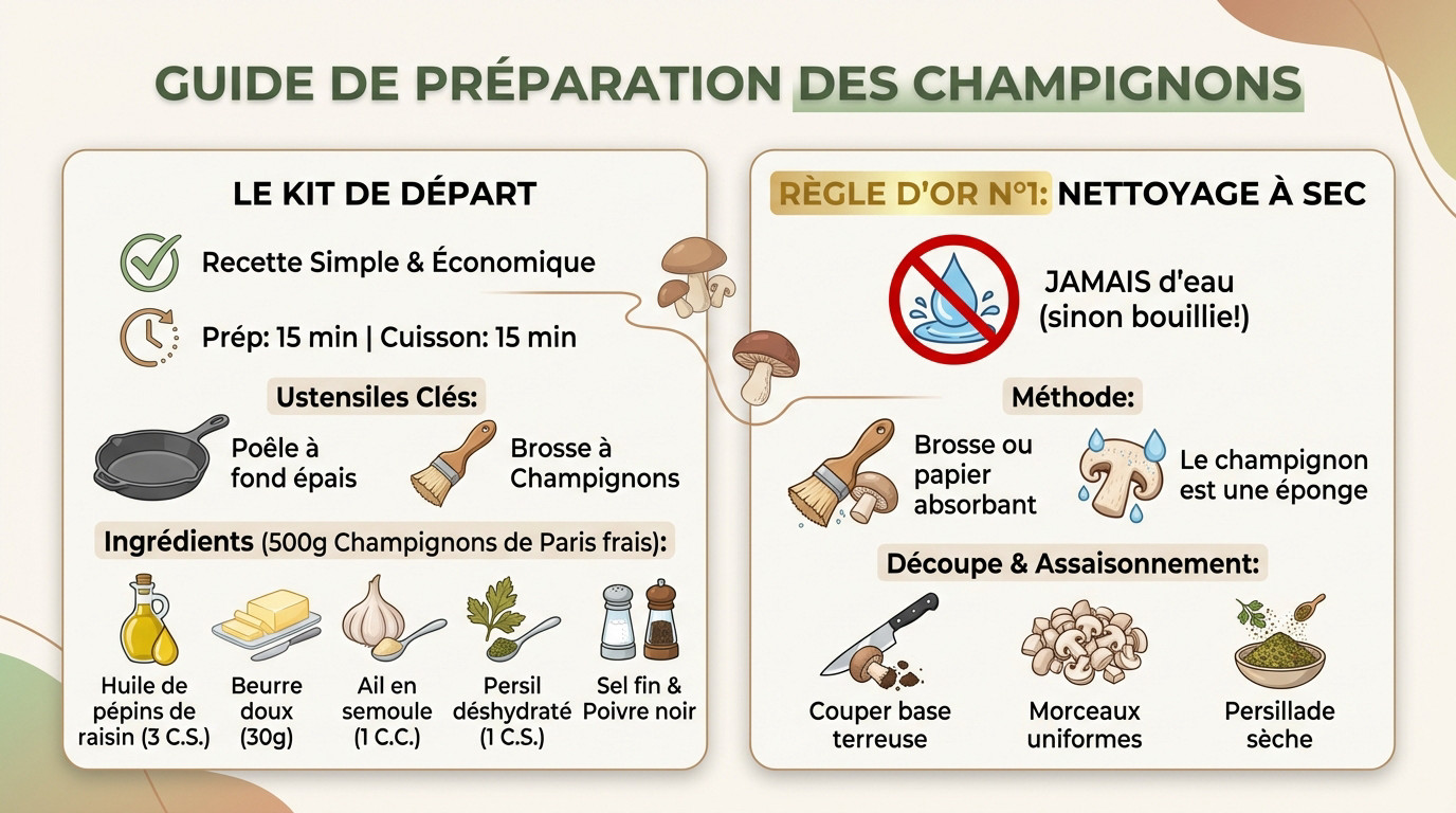 Guide visuel pour nettoyer et préparer les champignons de Paris sans eau