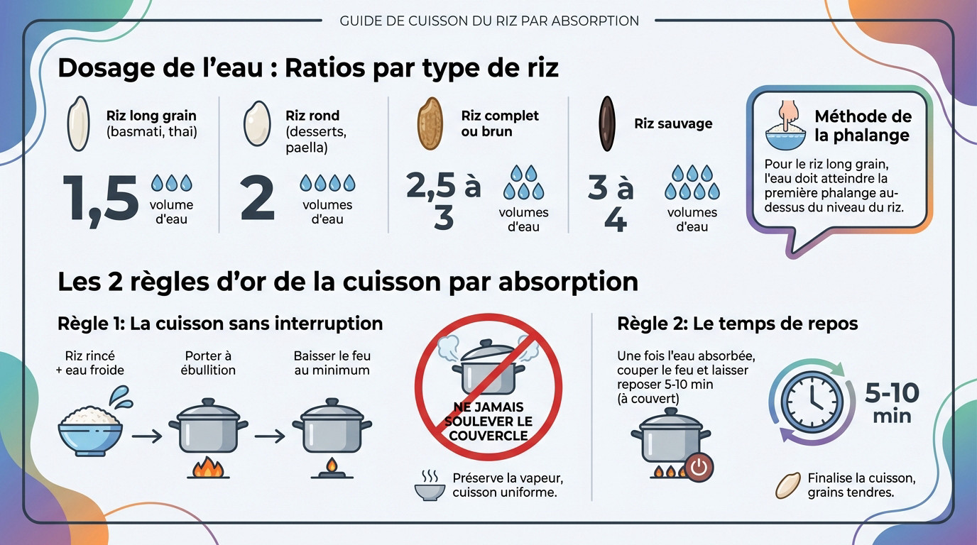 Guide visuel des étapes clés pour la cuisson du riz par absorption