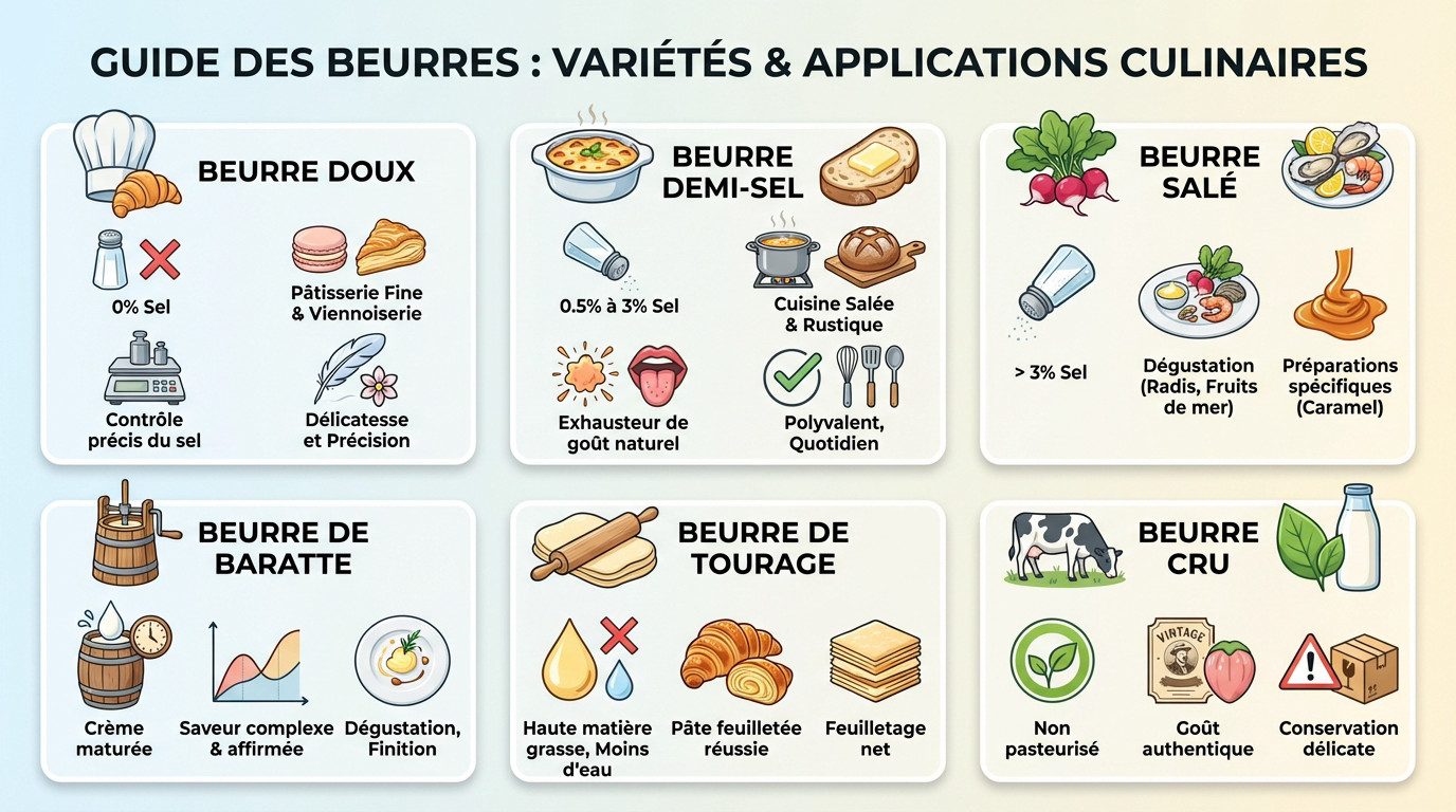 Guide visuel des différents types de beurre et leurs usages en cuisine française