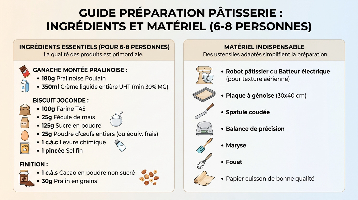 Ingrédients et matériel de pâtisserie nécessaires pour préparer un gâteau roulé à la Pralinoise pour 6 à 8 personnes