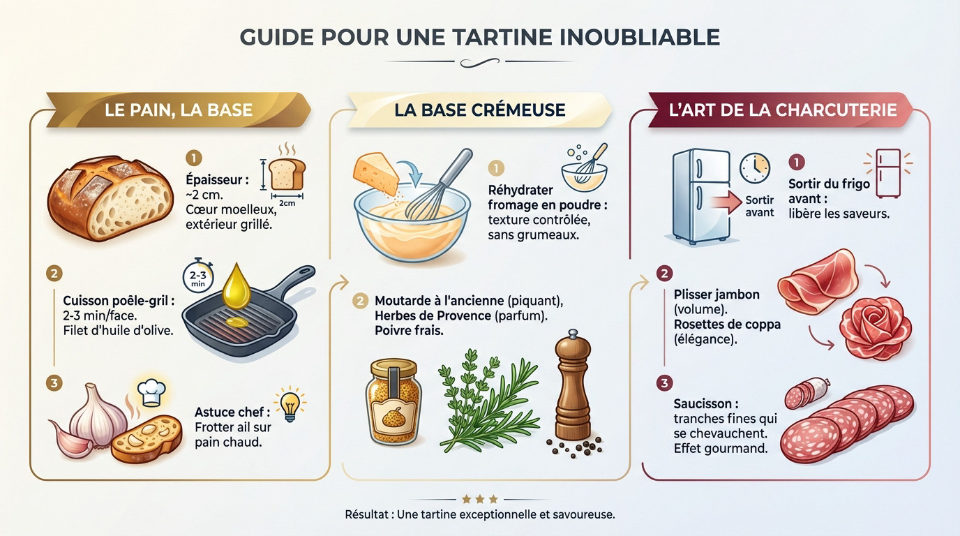 Tartine gourmande au fromage frais et charcuterie sur pain de campagne grillé