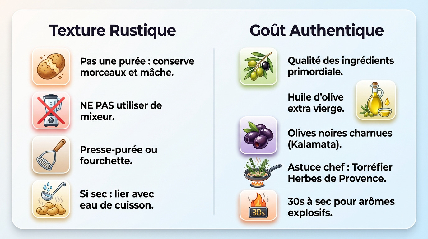 Texture rustique d'un écrasé de pommes de terre aux olives noires et huile d'olive